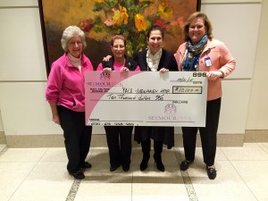 Representatives of Seymour Pink Inc. Mary Deming, President (l) and Christine Vartko, Treasurer, presented a donation to Dr. Andrea Silber and Maureen Major-Campos, Program Manager, Women’s Oncology Program to benefit breast patients needing financial assistance and to support breast patient infertility counseling at Smilow Cancer Hospital.